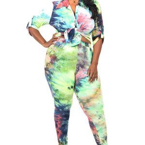 Women's Lemon & Lime Tie Dye Print Button Down Shirt & Skinny Leggings Set